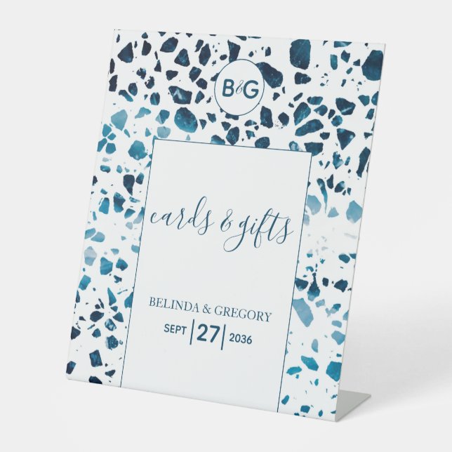 Terrazzo Mosaic Blue Wedding Cards & Gifts Pedestal Sign (Front)
