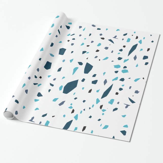 Terrazzo Mosaic Blue Wrapping Paper (Unrolled)