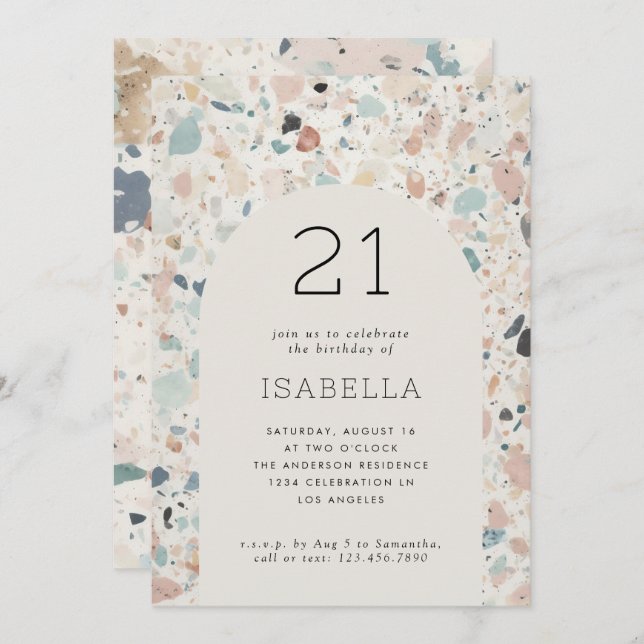 Terrazzo Pastel Colours Arch 21st Birthday Party Invitation (Front/Back)