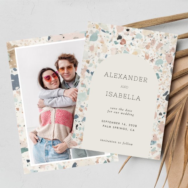 Terrazzo Pastel Colours Retro Arch Wedding Photo Save The Date (Creator Uploaded)
