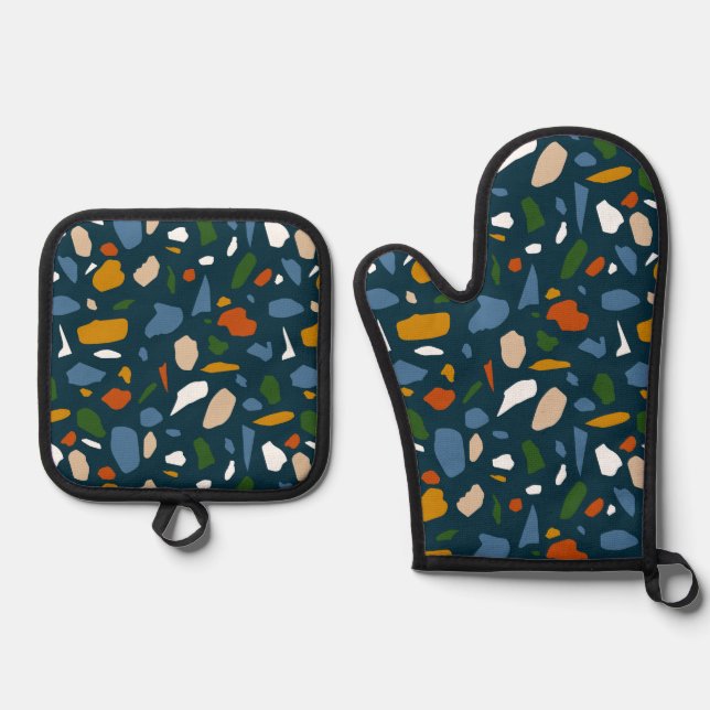 Terrazzo Pattern Blue Oven Mitt & Pot Holder Set (Front)