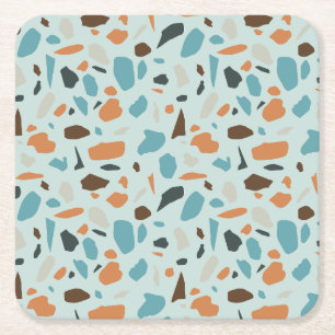Terrazzo Pattern Blue Square Paper Coaster