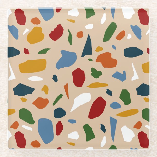 Terrazzo Pattern Colourful Glass Coaster (Front)