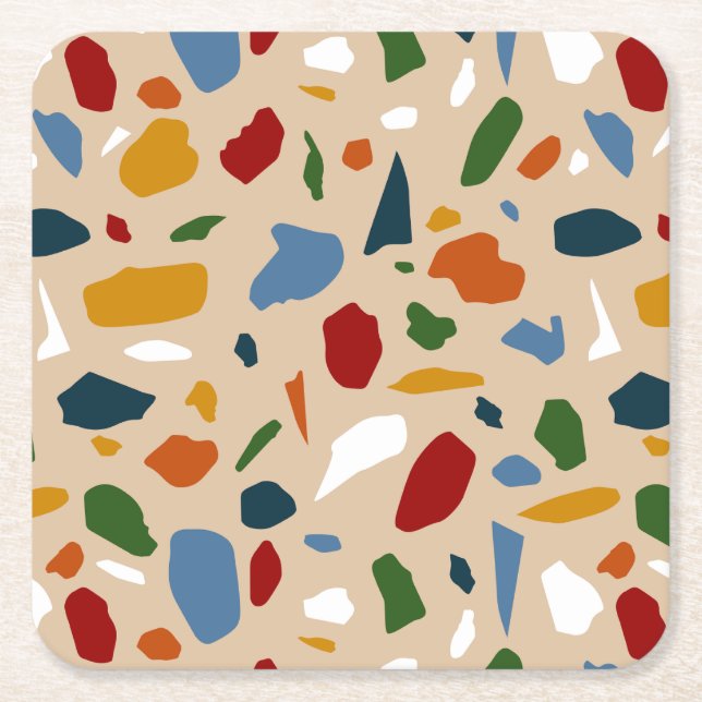 Terrazzo Pattern Colourful Square Paper Coaster (Front)