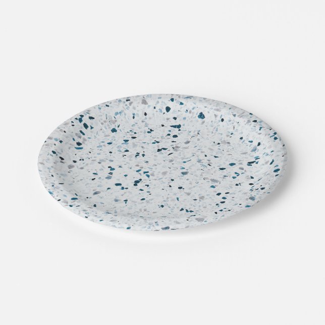 Terrazzo  Retro Teal Blue Green White Grey Elegant Paper Plate (Angled)