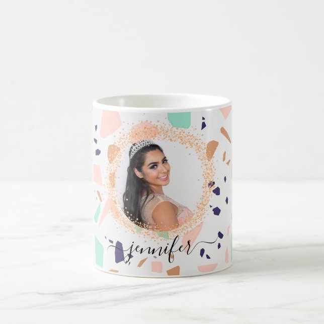 Terrazzo rose gold mint white photo name coffee mug (Center)