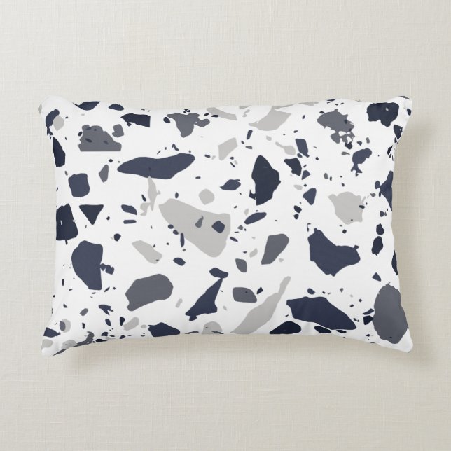 Terrazzo tile design black and grey on white decorative cushion (Front)