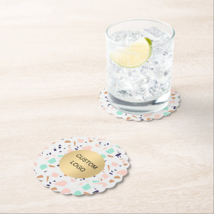 Terrazzo white blush mint business company logo paper coaster