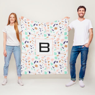 Terrazzo white blush mint monogram fleece blanket