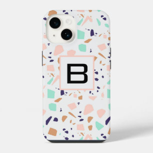 Terrazzo white blush mint monogram initial iPhone 14 case