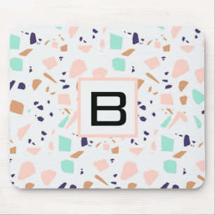 Terrazzo white blush mint monogram initial mouse mat