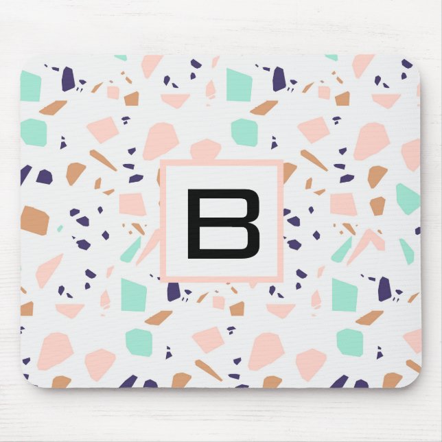 Terrazzo white blush mint monogram initial mouse mat (Front)