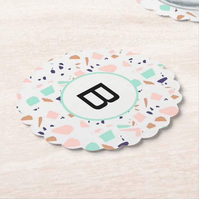 Terrazzo white blush mint monogram initial paper coaster (Angled)