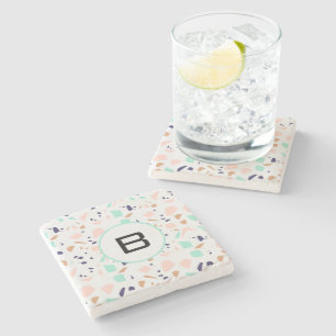 Terrazzo white blush mint monogram initial stone coaster