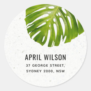 TERRAZZO WHITE GREEN MONSTERA LEAF FOLIAGE ADDRESS CLASSIC ROUND STICKER