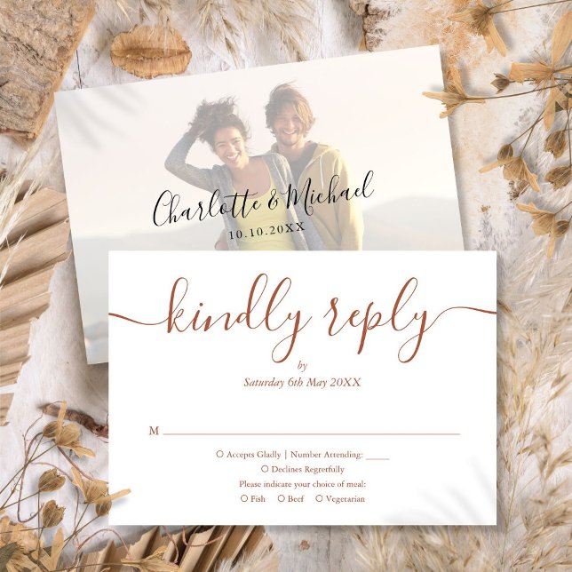 Terrecotta Simple Elegant Script Photo Wedding RSVP Card (Terrecotta Simple Elegant Script Photo Wedding RSVP Card)