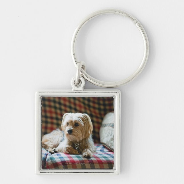 Terrier lying on chequered blanket key ring (Front)
