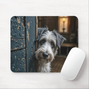 Terrier Peeking Around an Old Door Mouse Mat