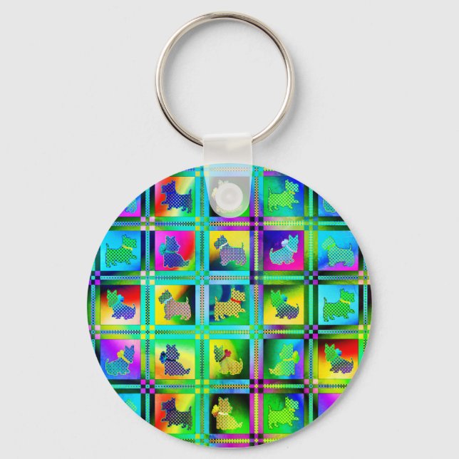 Terrier  Silhouettes  in a Checkeboard Pattern Key Ring (Front)