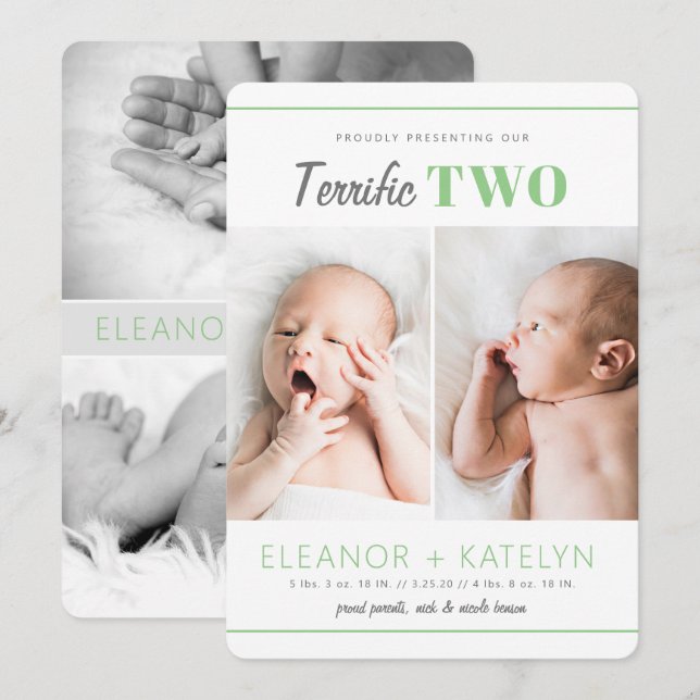 Terrific 2 Twins Birth Announcement Green (Front/Back)