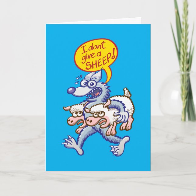 Terrific blue wolf saying "I don't give a sheep" Card (Front)