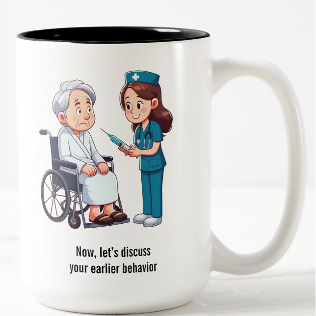 Terrified Senior Citizen Facing Giant Needle  Two-Tone Coffee Mug (Creator Uploaded)