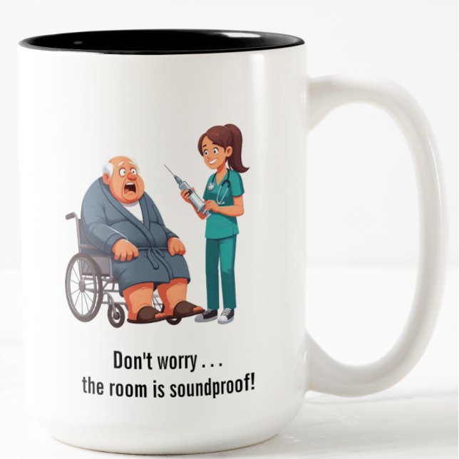 Terrified Senior Citizen Facing Giant Needle  Two-Tone Coffee Mug (Creator Uploaded)