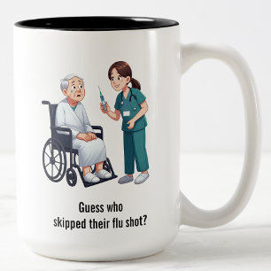 Terrified Senior Citizen Facing Giant Needle  Two-Tone Coffee Mug
