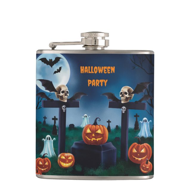 "Terror Night of Halloween and Creepy Tombstones" Hip Flask (Front)