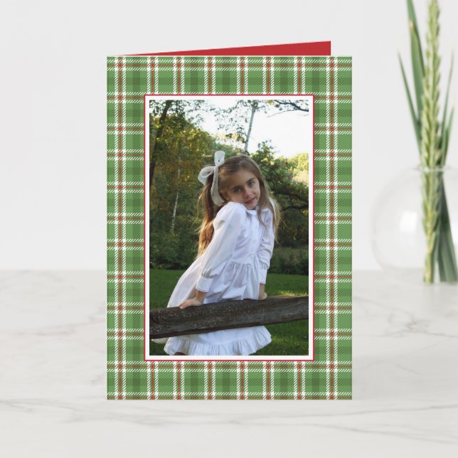 Tertian Plaid Christmas Photo Card 1 Photo Green (Front)