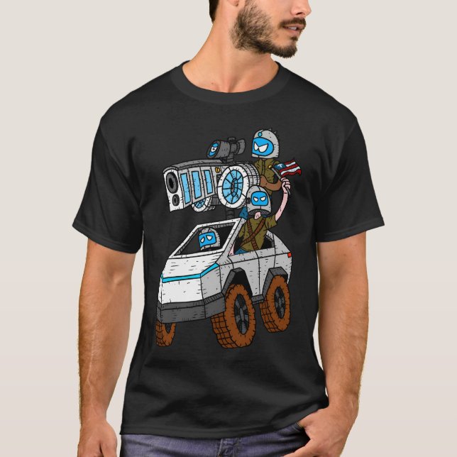 Tesla Cybertruck Rebels. Cartoon Electric Armoured T-Shirt (Front)