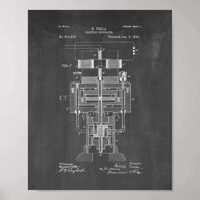 Tesla Electric Generator Patent - Chalkboard Poster (Front)