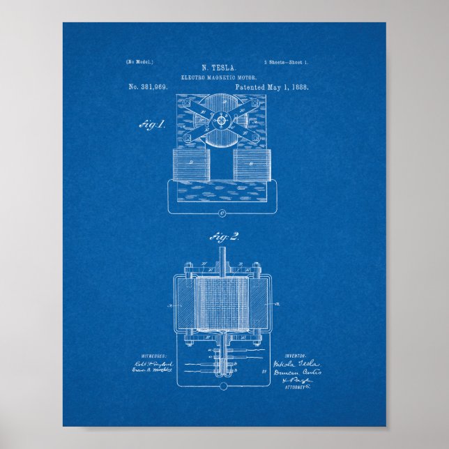 Tesla Electro-magnetic Motor Patent - Blueprint Poster (Front)