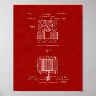 Tesla Electro-magnetic Motor Patent - Burgundy Red Poster