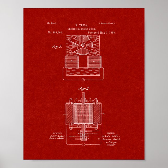 Tesla Electro-magnetic Motor Patent - Burgundy Red Poster (Front)