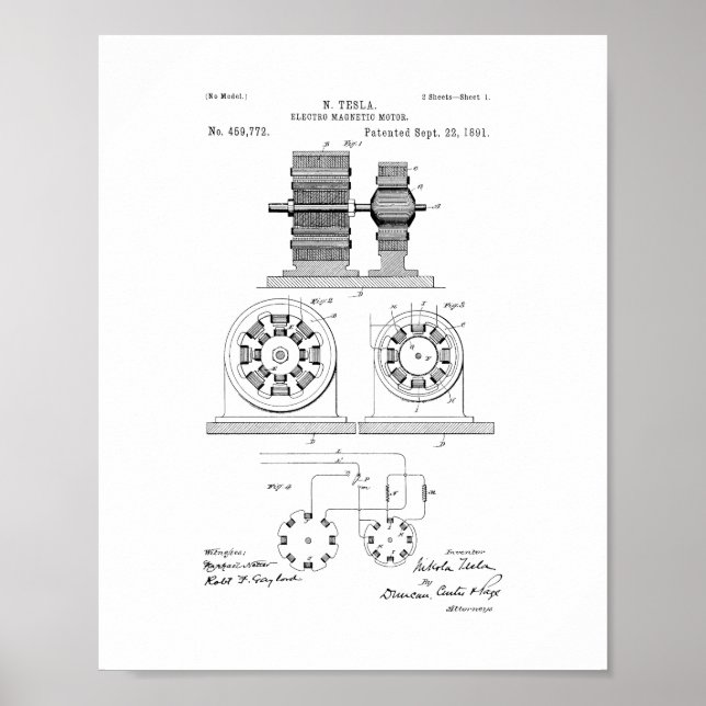 Tesla Electro Magnetic Motor Patent Poster (Front)