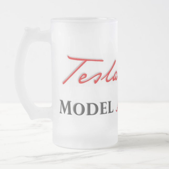 Tesla Model S scripted on a Frosted Mug. Frosted Glass Beer Mug (Left)