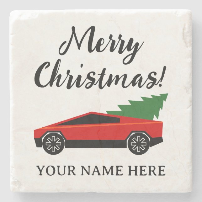 Tesla pickup truck hauling a Christmas tree Stone Coaster (Front)