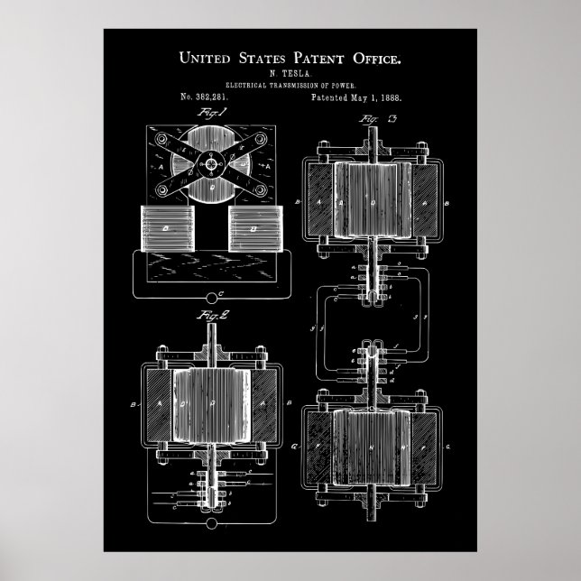 Tesla Power Transmitter 1888 Patent Poster (Front)