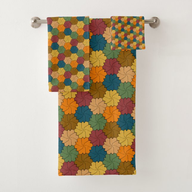 Tessellated Multi-colored Flower Wheel Pattern Bath Towel Set (Insitu)