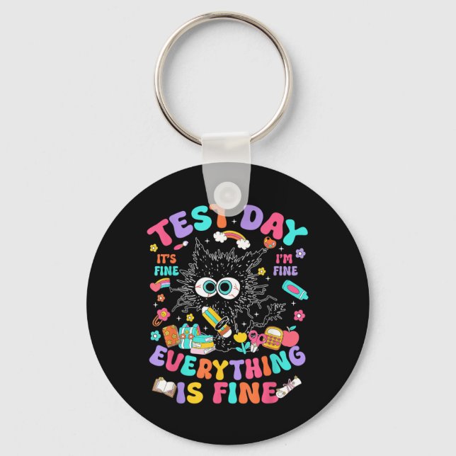 Test Day Funny Stressed Cat Teacher Student Kids Key Ring (Front)