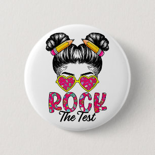 Test Day Girls Messy Bun Hair Teacher Testing Day  6 Cm Round Badge