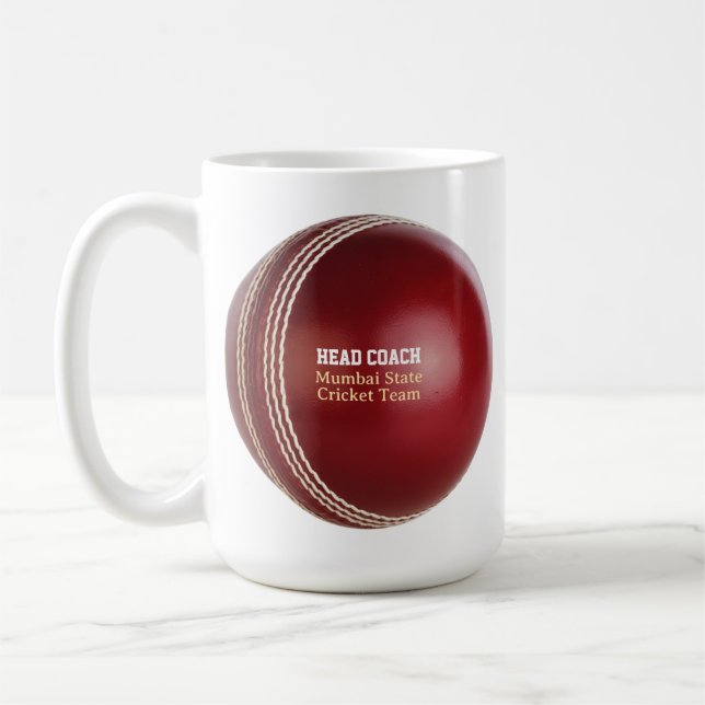 Test Match Red Cricket Ball with Custom Text Coffee Mug (Left)