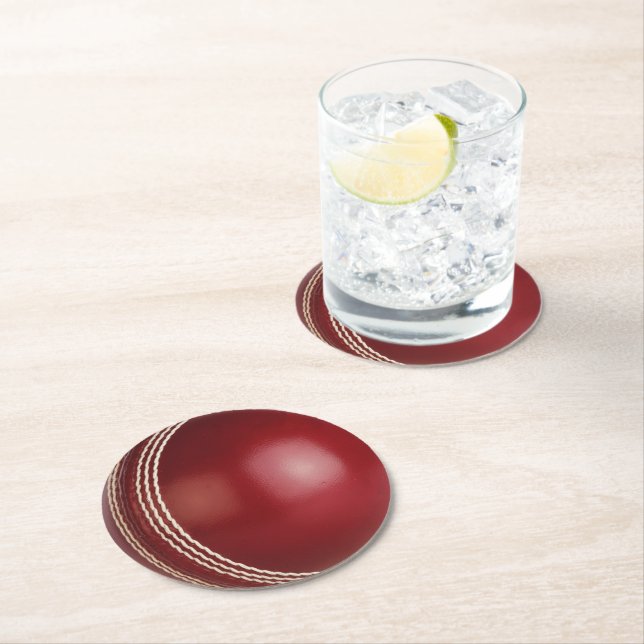 Test Match Red Cricket Ball with Custom Text Round Paper Coaster (Insitu)