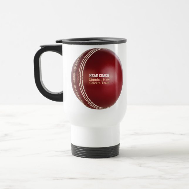 Test Match Red Cricket Ball with Custom Text Travel Mug (Left)