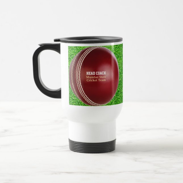 Test Match Red Cricket Ball with Custom Text Travel Mug (Left)