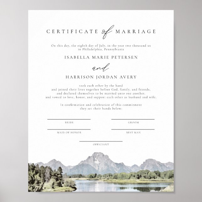 TETON National Park Marriage Certificate Keepsake Poster (Front)