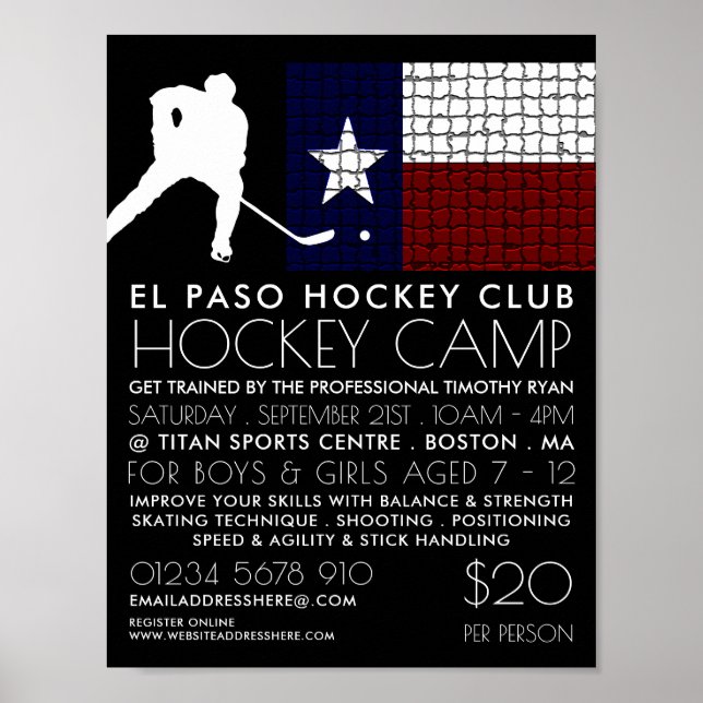 Texan Flag, Hockey Player, Camp Advertising Poster (Front)