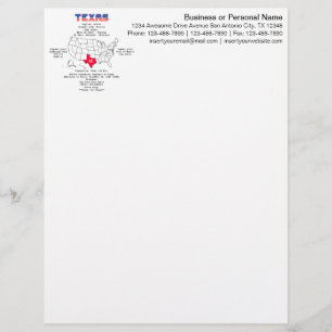 Texas American state on a map and useful info Custom Letterhead