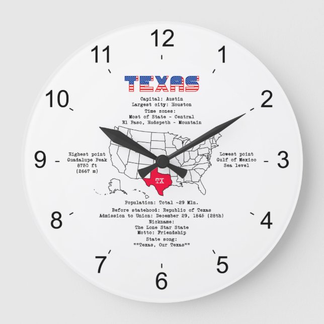 Texas American state on a map and useful info Large Clock (Front)